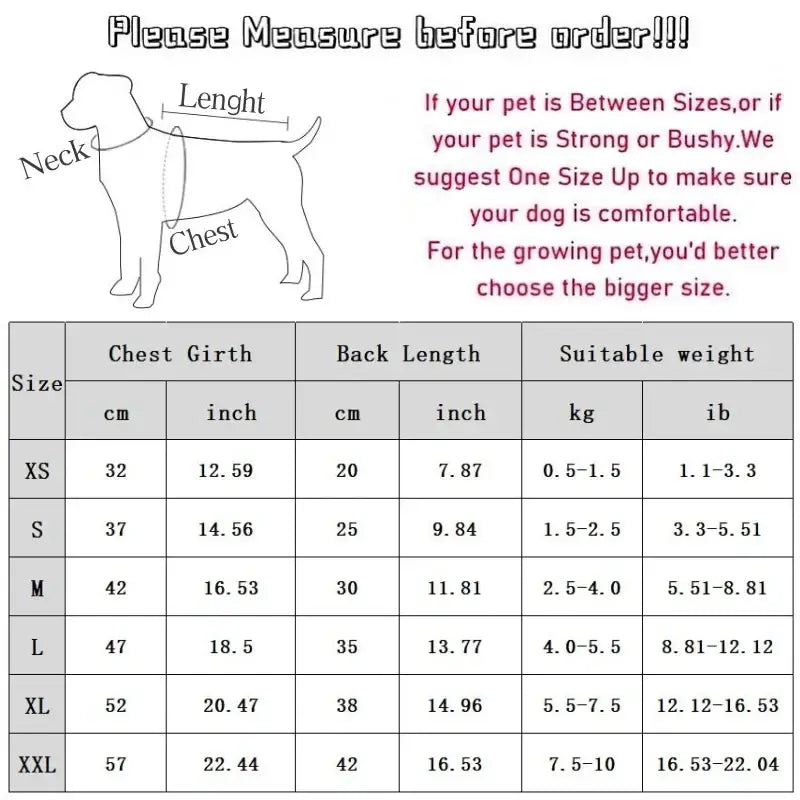 Dog measurement guide for sizing pet clothing or accessories.