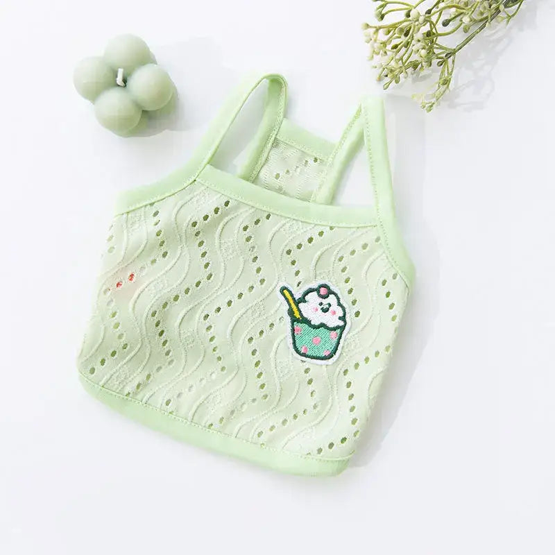 Pale green knit tank top with a cute ice cream embroidery.