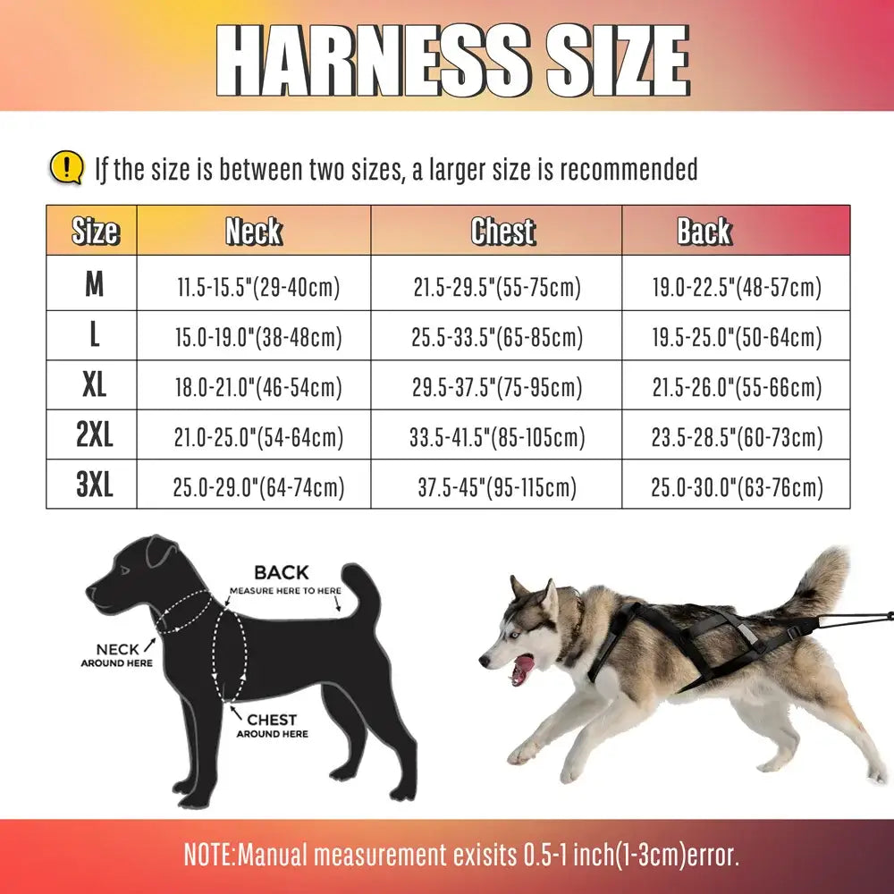 Size chart for dog harnesses with measurement guidelines and illustrations.