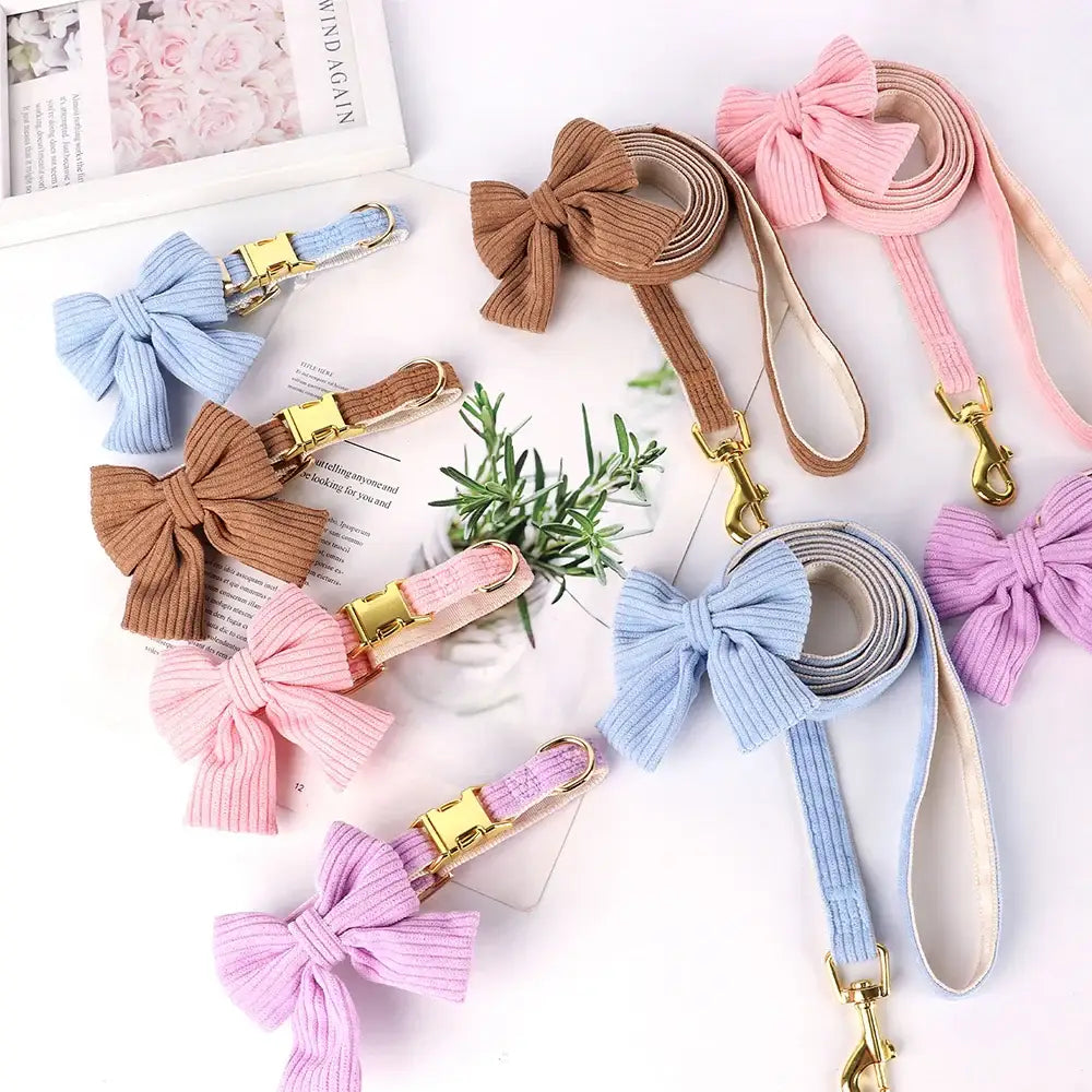 Collection of pastel-colored pet leashes and collars adorned with decorative bows.