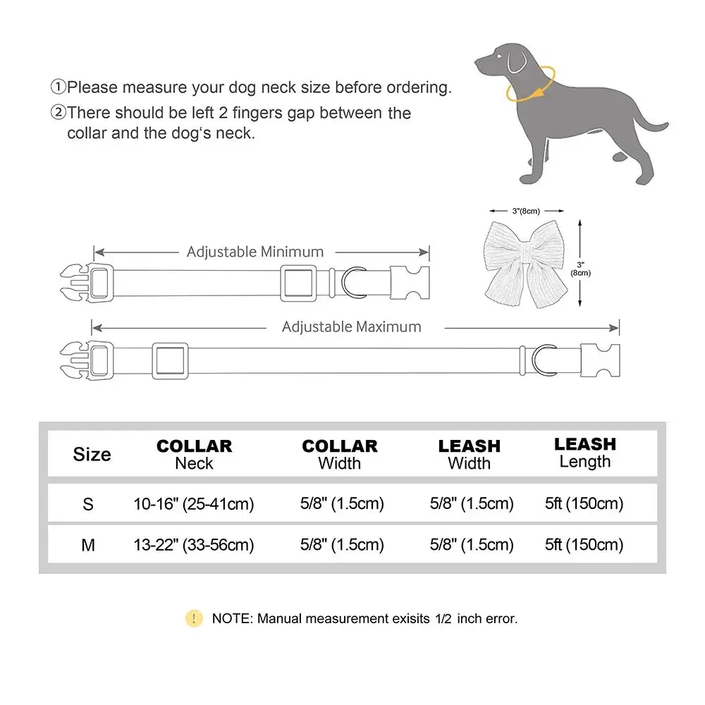 Dog collar sizing guide with measurements and instructions.