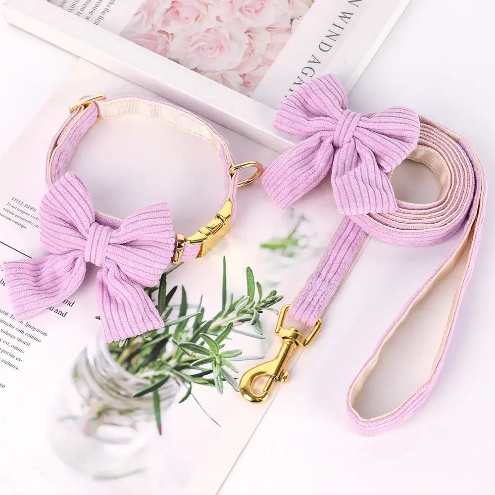 Pink dog collar and leash set with decorative bows.