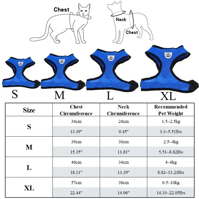 Cat harness sizing chart with blue harnesses in different sizes.