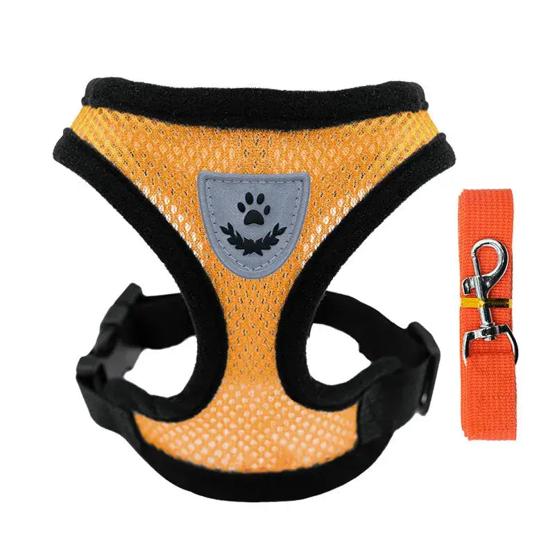 Dog harness with a yellow mesh body, black trim, and a paw print emblem.