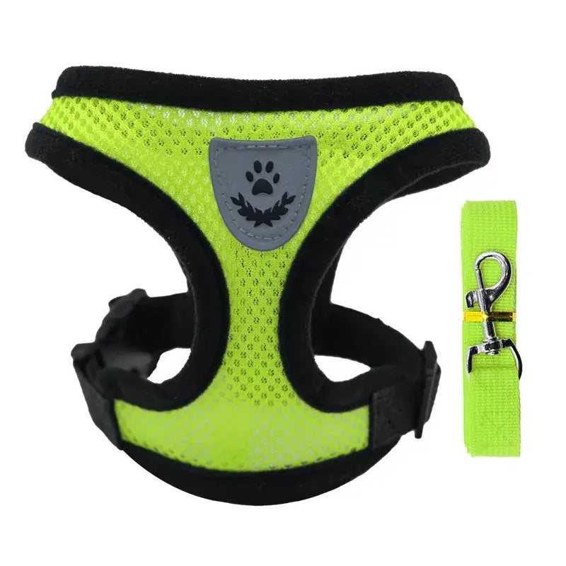 Neon green and black mesh dog harness with a paw print emblem and matching leash.