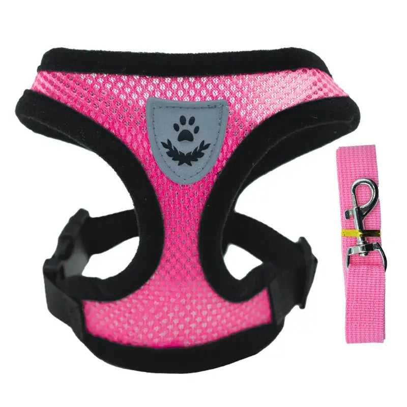 Pink mesh dog harness with black trim and a paw print emblem, accompanied by a matching leash.