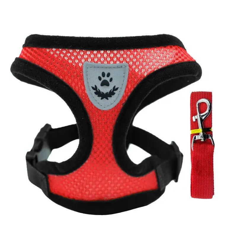 Red mesh dog harness with black trim and a paw print emblem, accompanied by a matching leash.