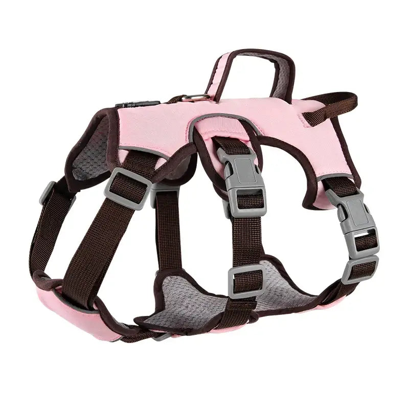 Pink and brown dog harness with adjustable straps and buckles.