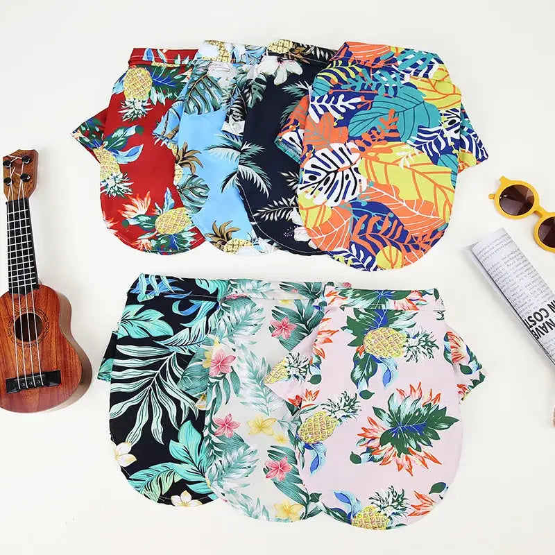 Colorful tropical print Hawaiian shirts for dogs.