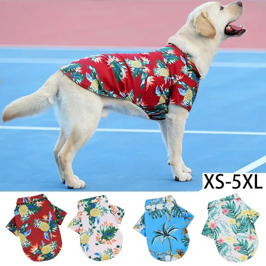 Dog wearing a colorful Hawaiian-style shirt.