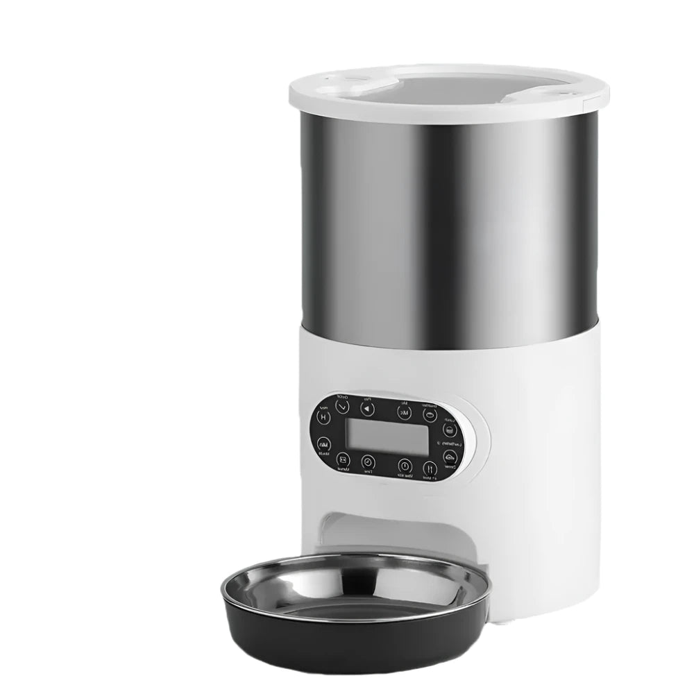 Automatic pet feeder with a digital display and stainless steel bowl.