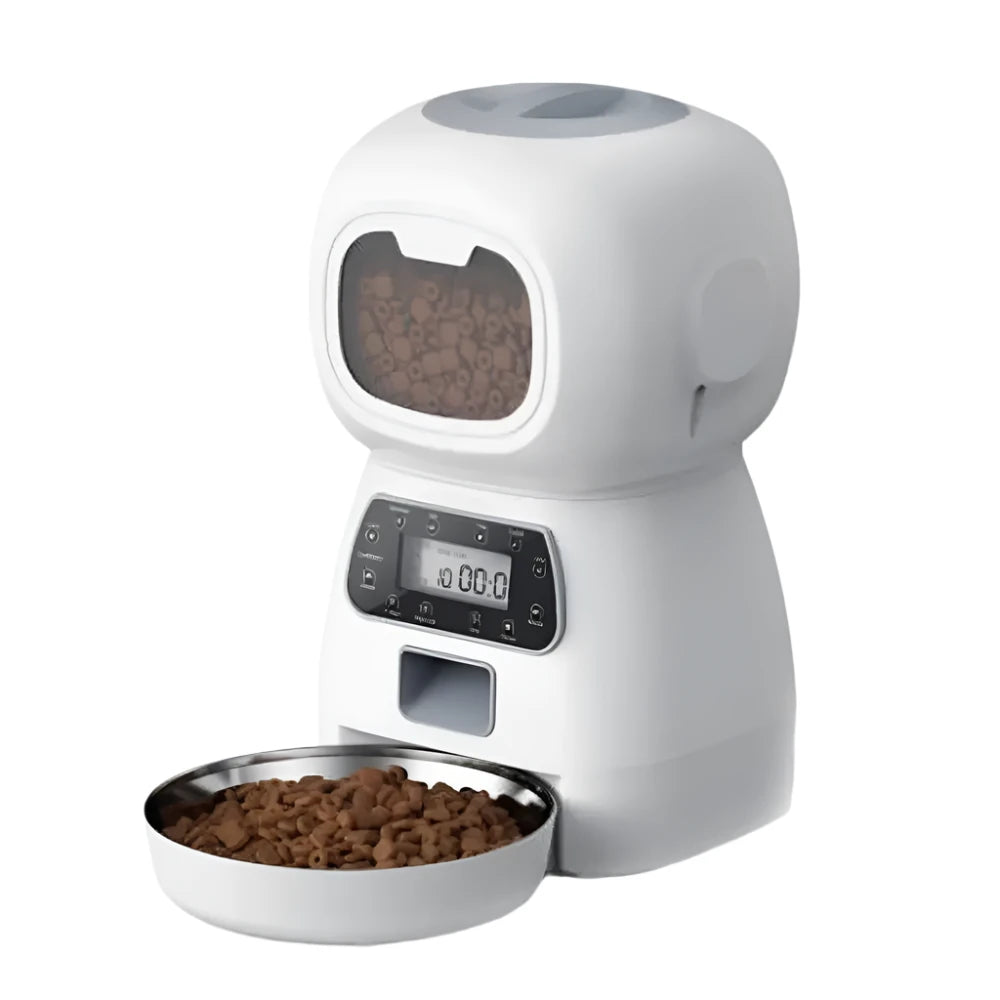 Automatic pet feeder with digital display and food storage compartment.