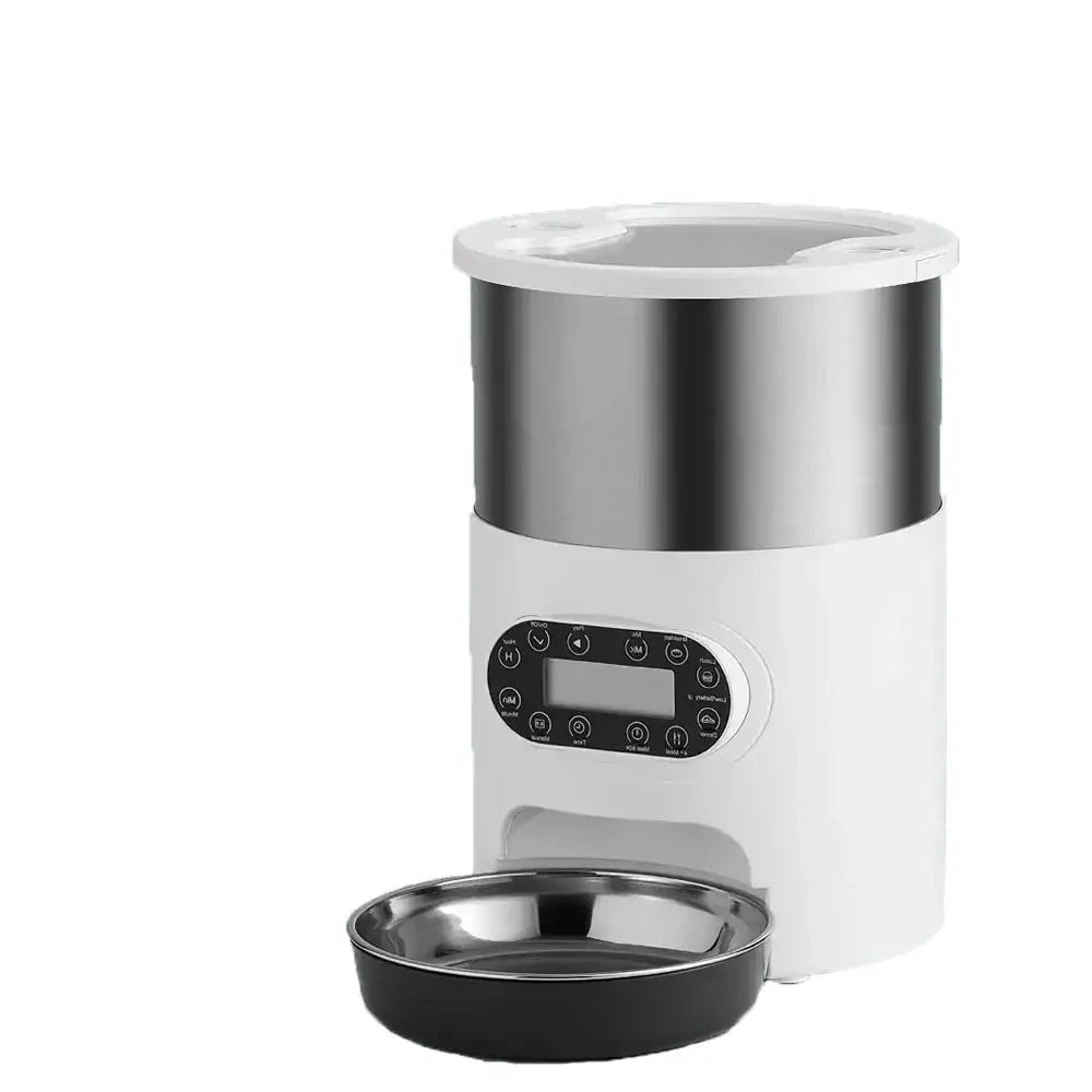 Automatic pet feeder with a digital display and stainless steel bowl.