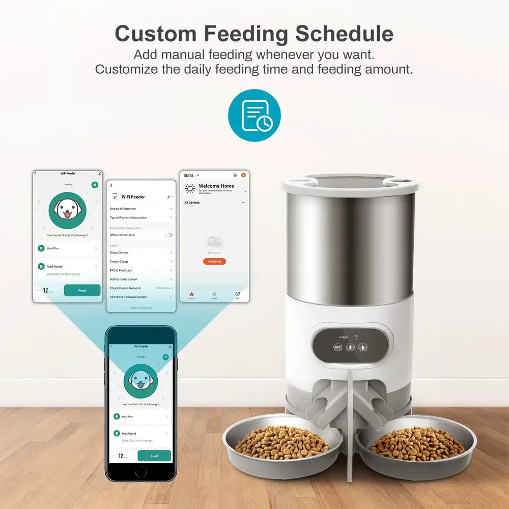 Automatic pet feeder with dual food bowls and smartphone app control.