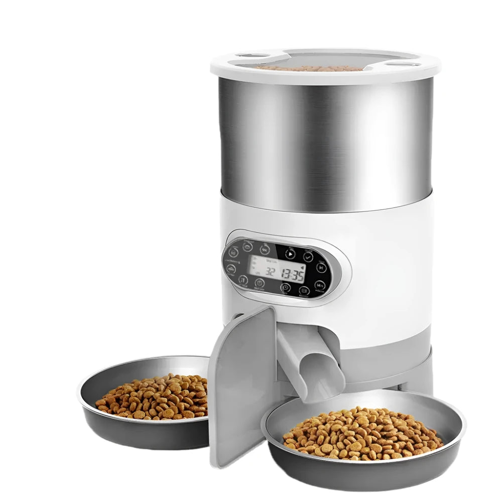 Automatic pet feeder with dual food bowls and digital display.