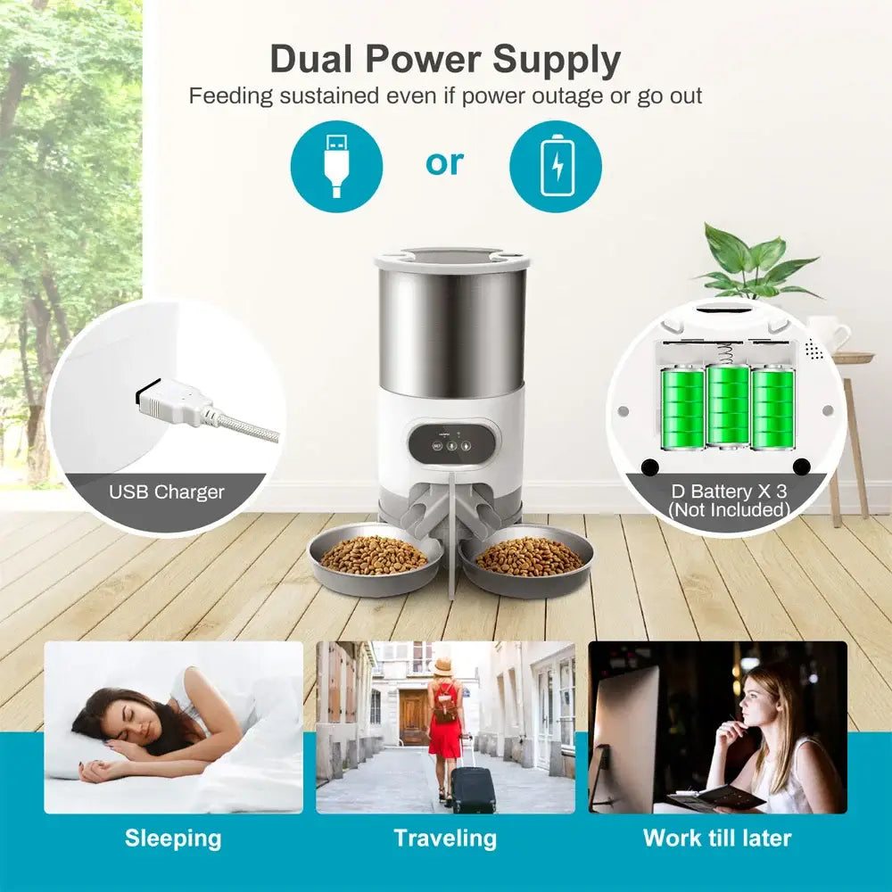 Automatic pet feeder with dual power supply options of USB or battery.