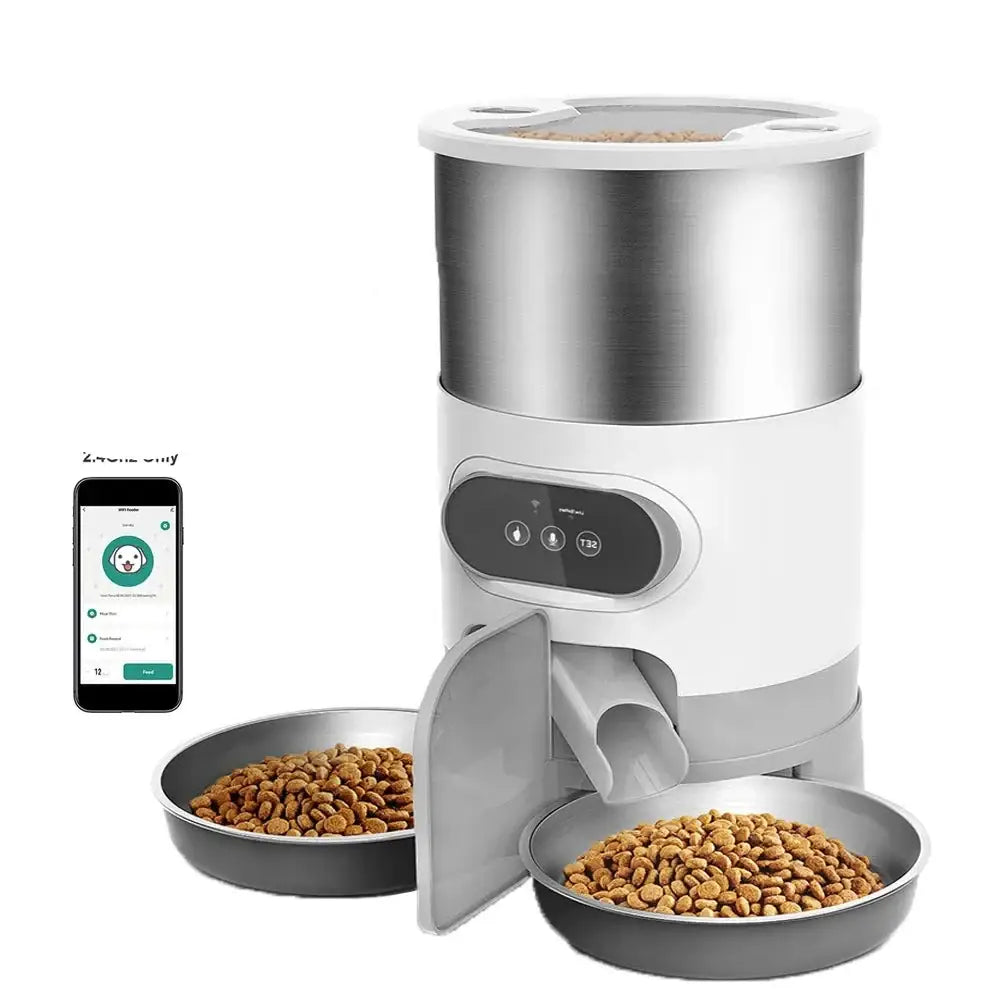 Automatic pet feeder with smartphone control and multiple food bowls.