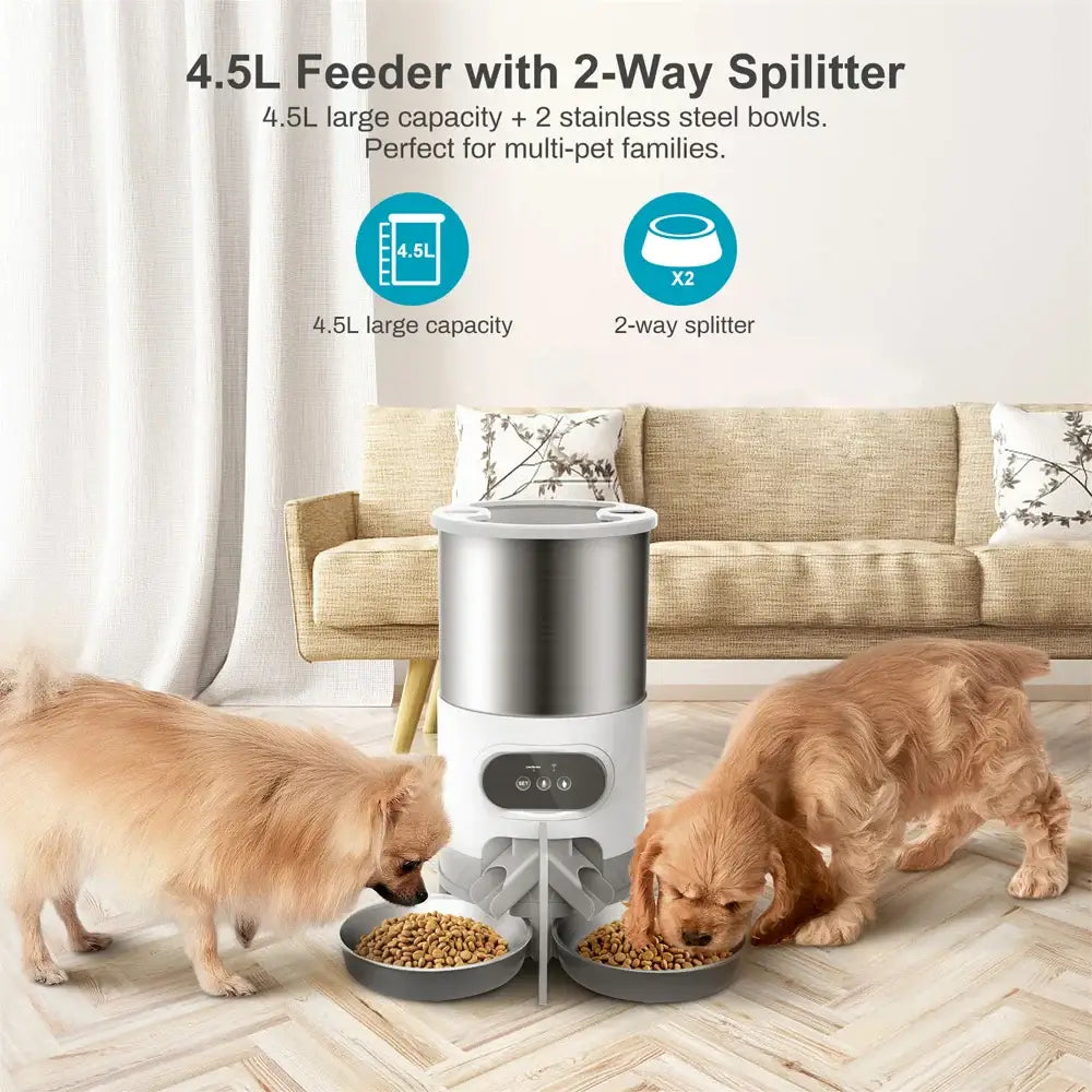 Automatic pet feeder with two food bowls for multiple pets.