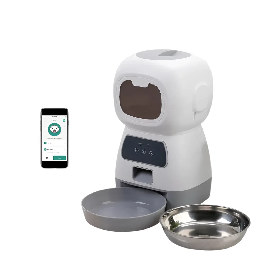 Automatic pet feeder with Wi-Fi connectivity and smartphone control.