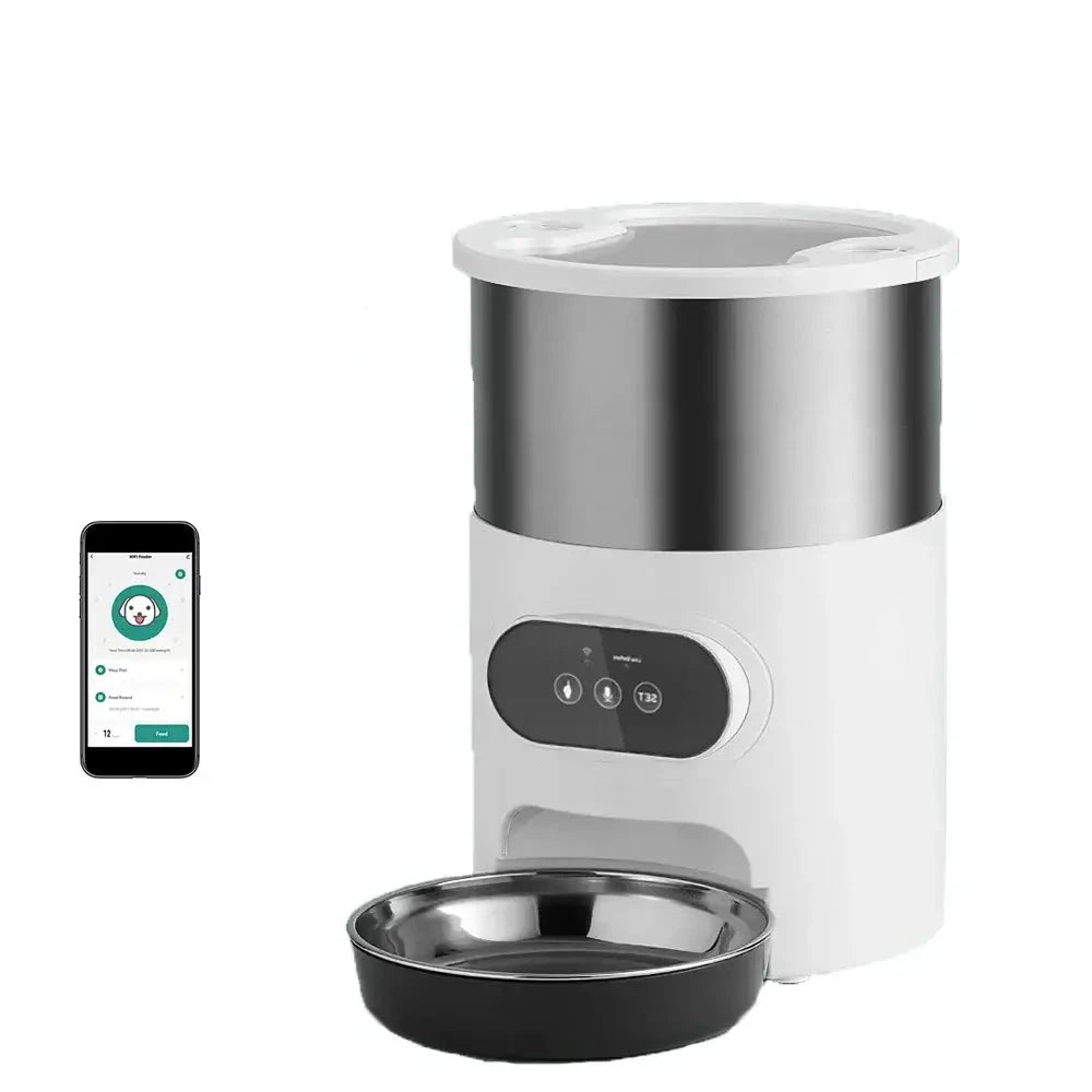 Smart pet feeder with Wi-Fi connectivity and a stainless steel bowl.