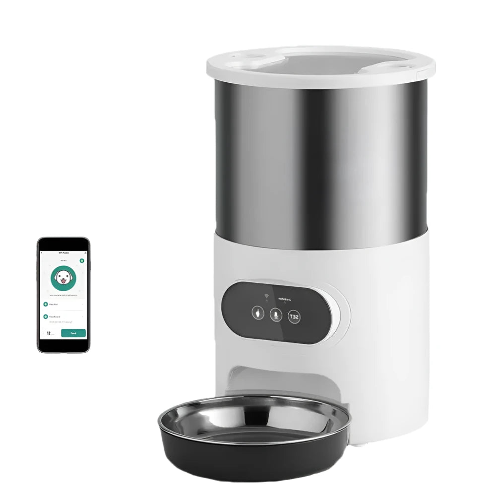 WiFi-enabled automatic pet feeder with a 4.5L capacity and smartphone control.