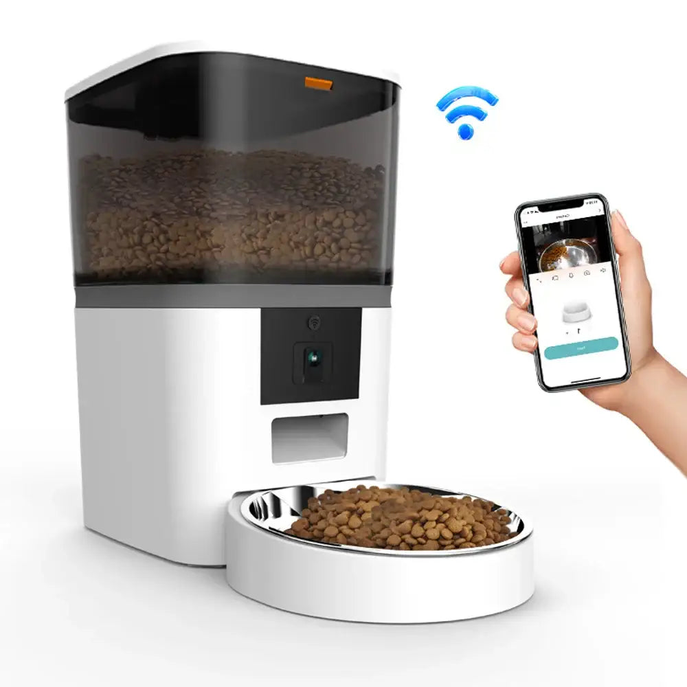 Automatic pet feeder with a smartphone app for remote control.