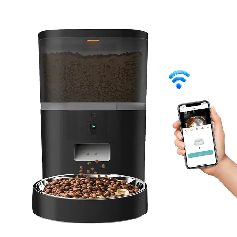 Automatic pet feeder with Wi-Fi connectivity and smartphone control.