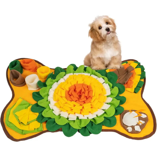 Colorful interactive dog snuffle mat shaped like a bone with a floral design.