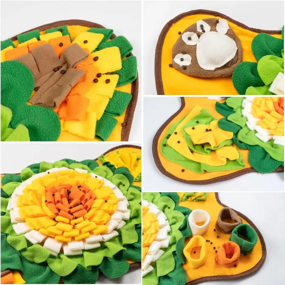 Felt play mat shaped like a pizza slice with various toppings and ingredients.