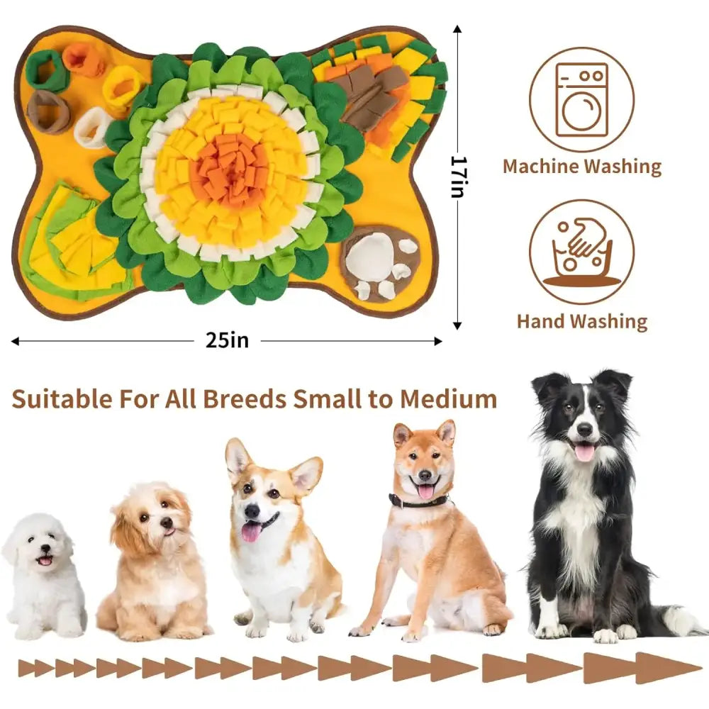 Flower-shaped dog feeding mat with various food compartments arranged in colorful patterns.