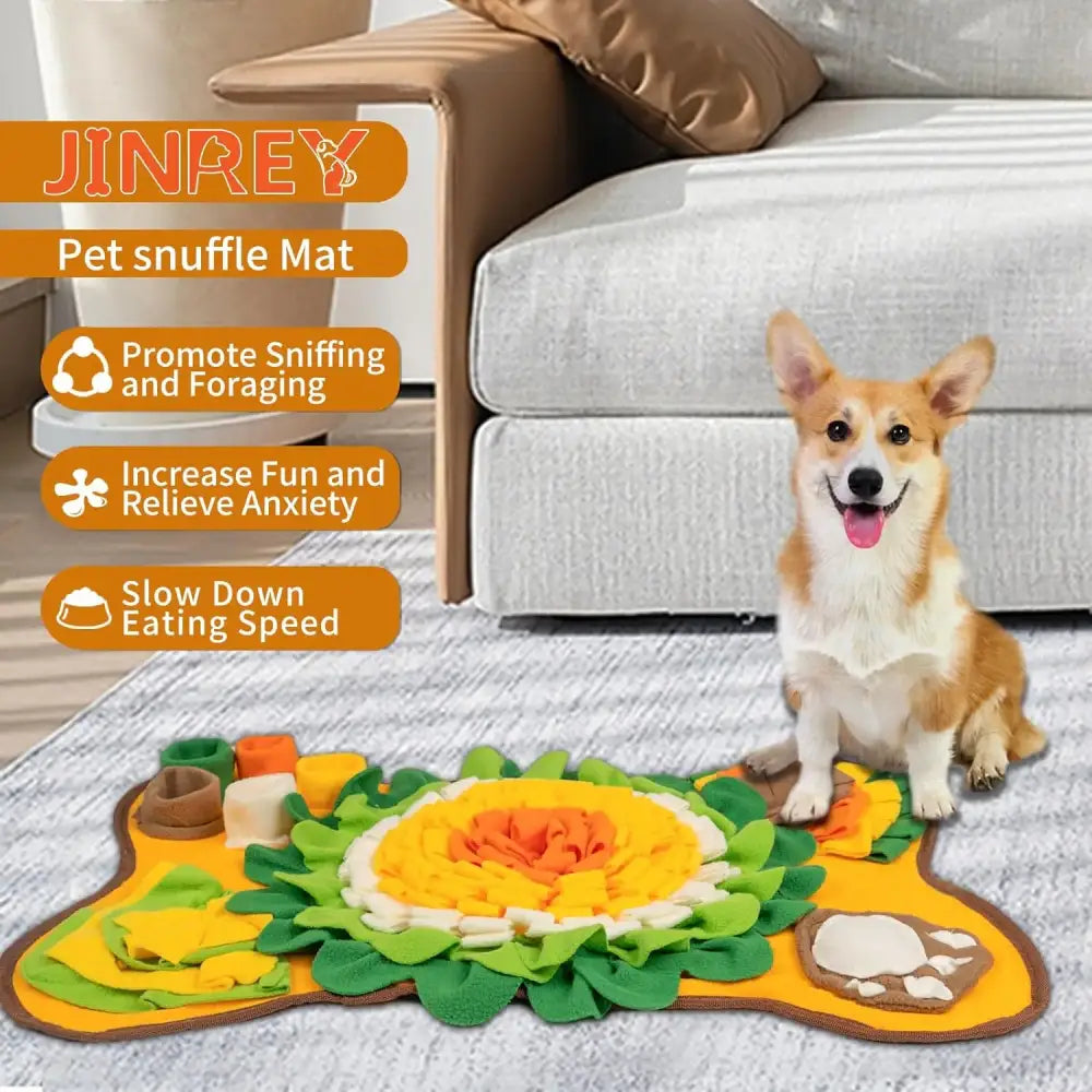 Sunflower-shaped pet snuffle mat with colorful sections for hiding treats.