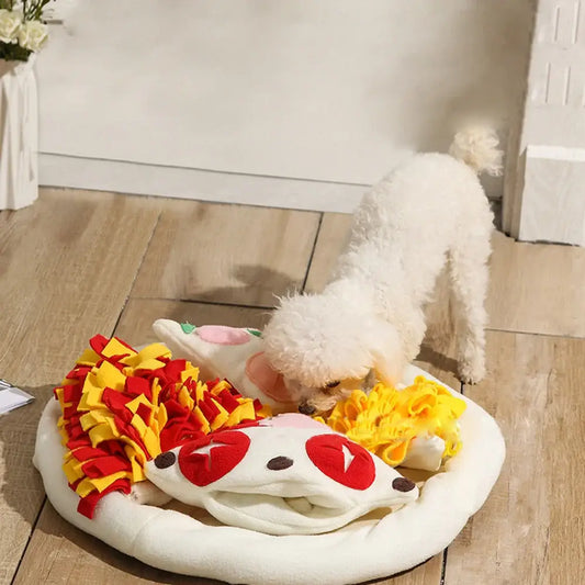 Fluffy white dog playing with a colorful interactive pet toy.