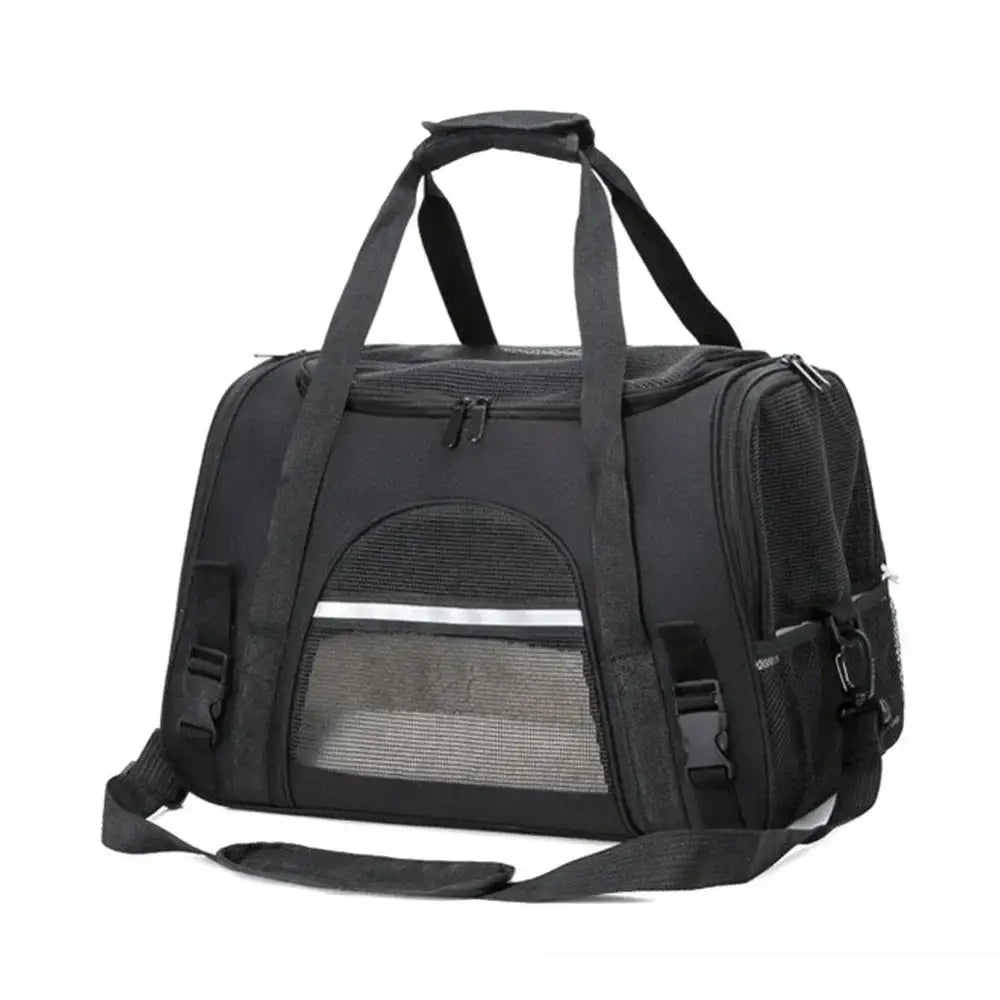 Black pet carrier bag with mesh window and shoulder strap.