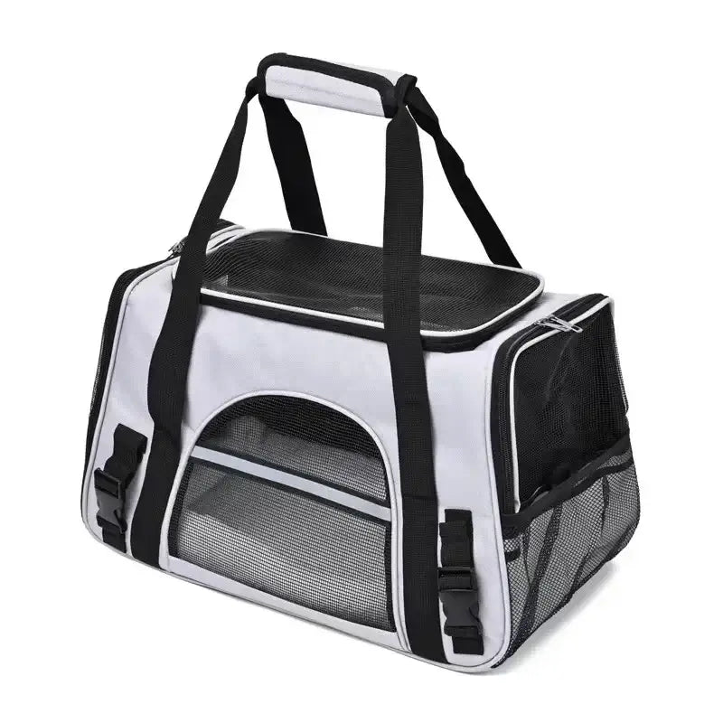 Pet carrier with mesh panels and black straps.