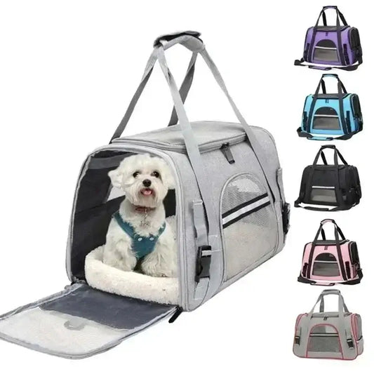 Pet carrier with a small white dog inside, shown in various color options.