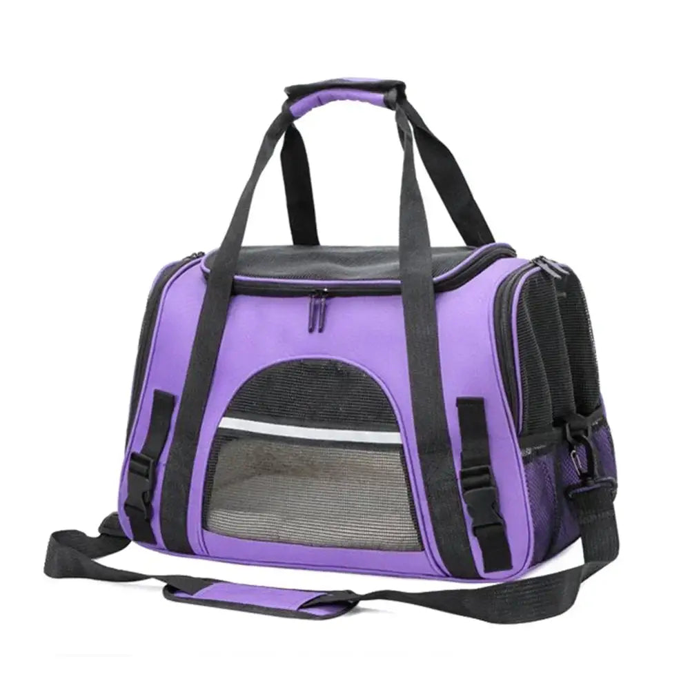 Purple and black pet carrier with mesh panels and shoulder straps.