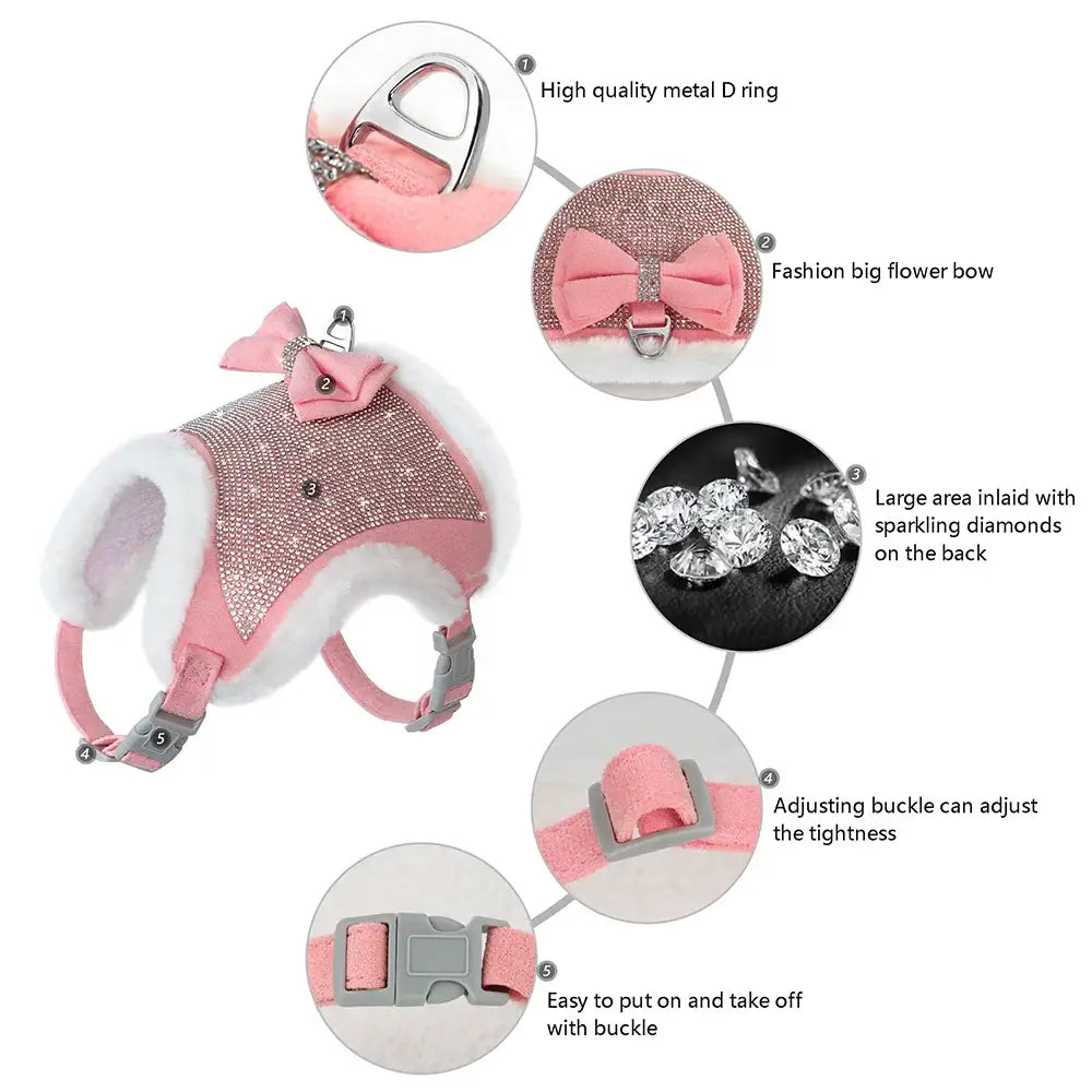 Pink and gray sparkly dog harness with bow and adjustable straps.