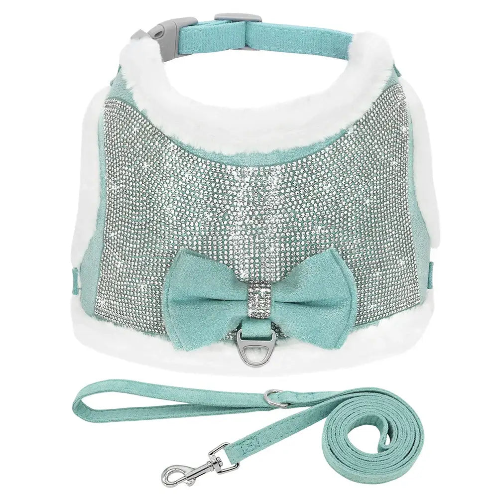 Sparkly mint green dog harness with a bow and matching leash.