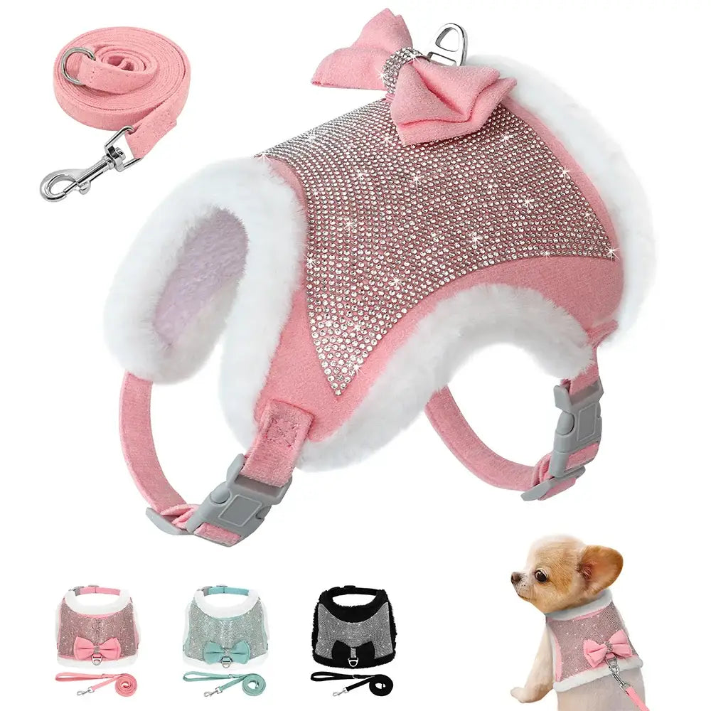 Sparkly pink and white dog harness with a bow and matching leash.