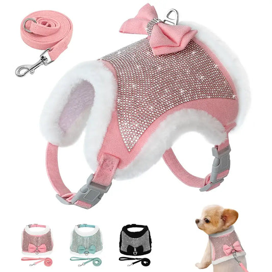 Sparkly pink and white dog harness with a bow and matching leash.