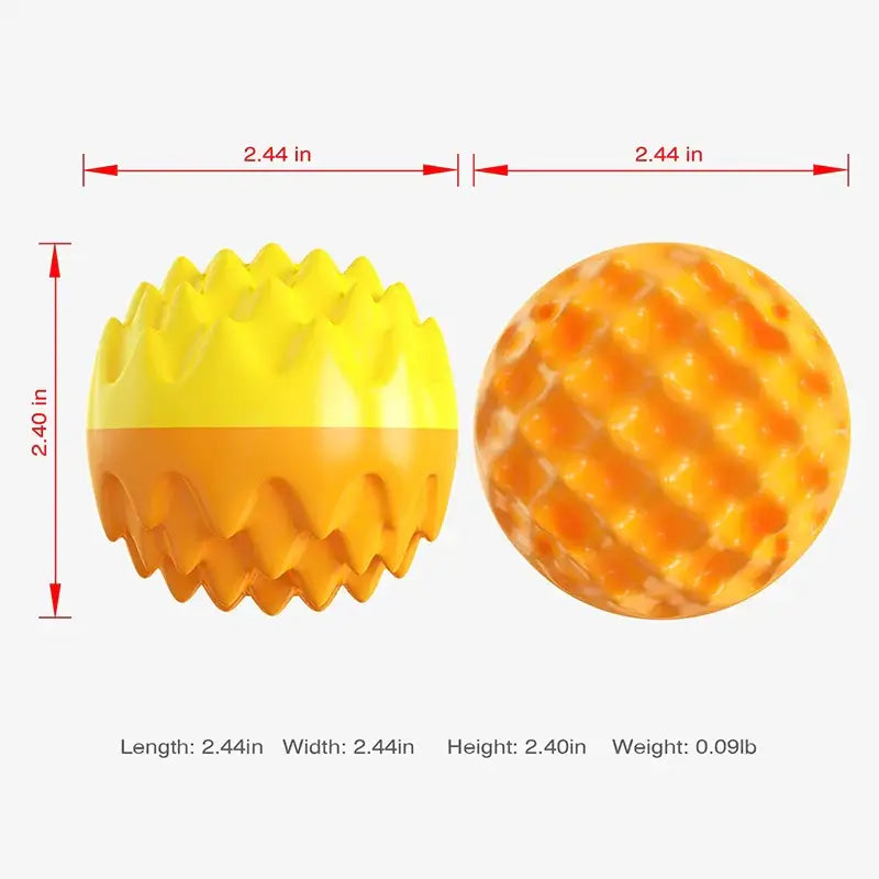 Two textured rubber or plastic dog toys, one yellow and orange with spikes, the other orange with a waffle pattern.