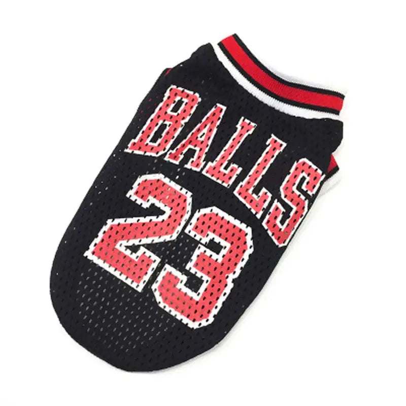 Basketball jersey-style pet outfit with ’BALLS 23’’ printed on it.