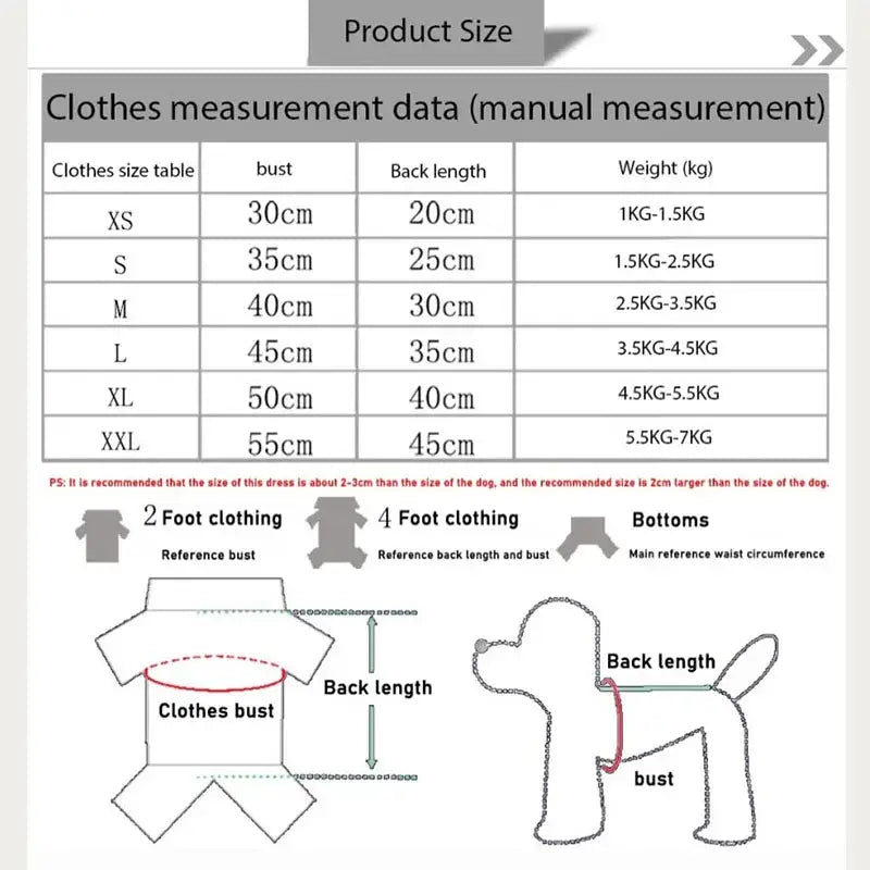 Clothing size chart with measurement data and visual guides for pet apparel.