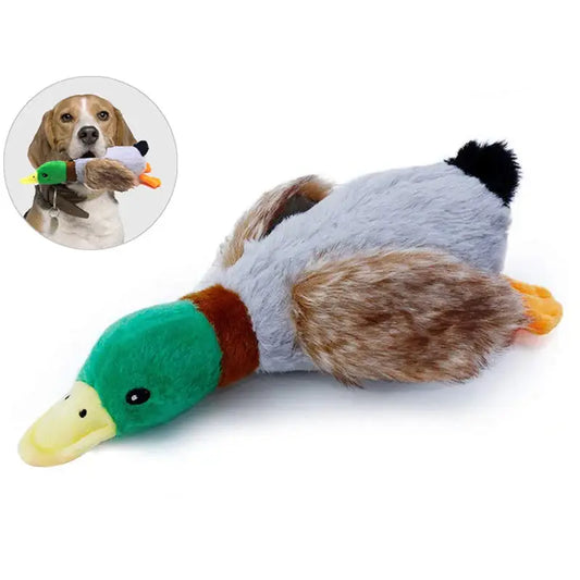 Plush dog toy shaped like a duck with colorful fabric sections.