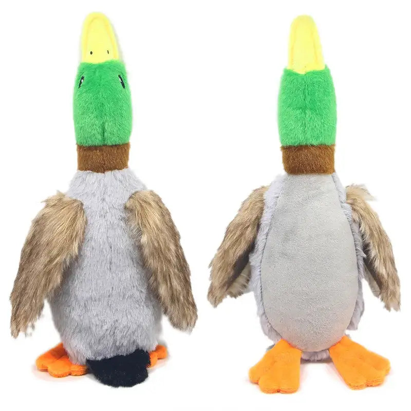 Plush toy duck with colorful sections and fuzzy wings.