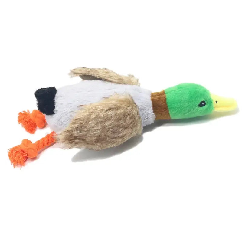 Plush toy duck with multicolored fabric body and orange feet.