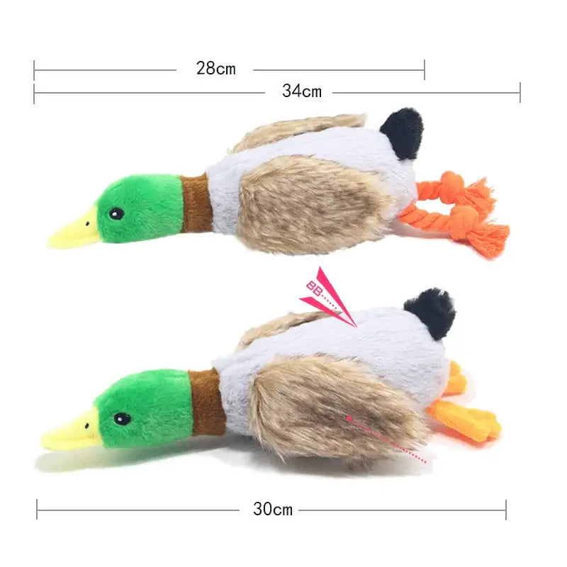 Plush toy ducks with colorful heads and furry bodies.