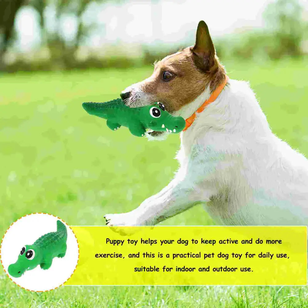 Dog holding a green crocodile-shaped toy in its mouth while outdoors on grass.