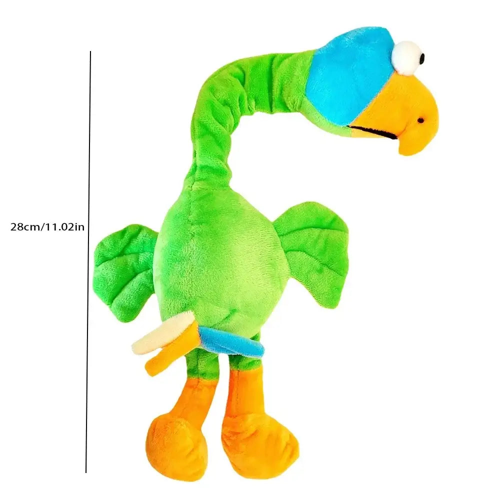 Colorful plush parrot toy with a long neck and floppy legs.