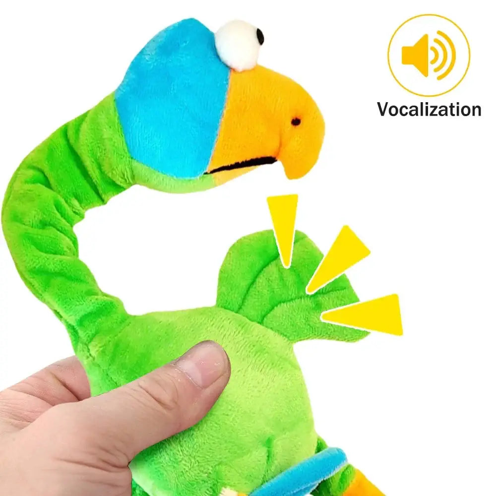 Colorful plush parrot toy with a vocalization feature.